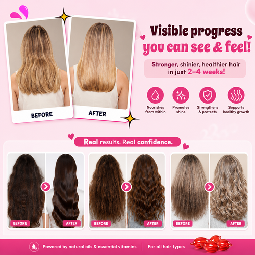 Before and after hair growth comparison with visible progress text on a pink background