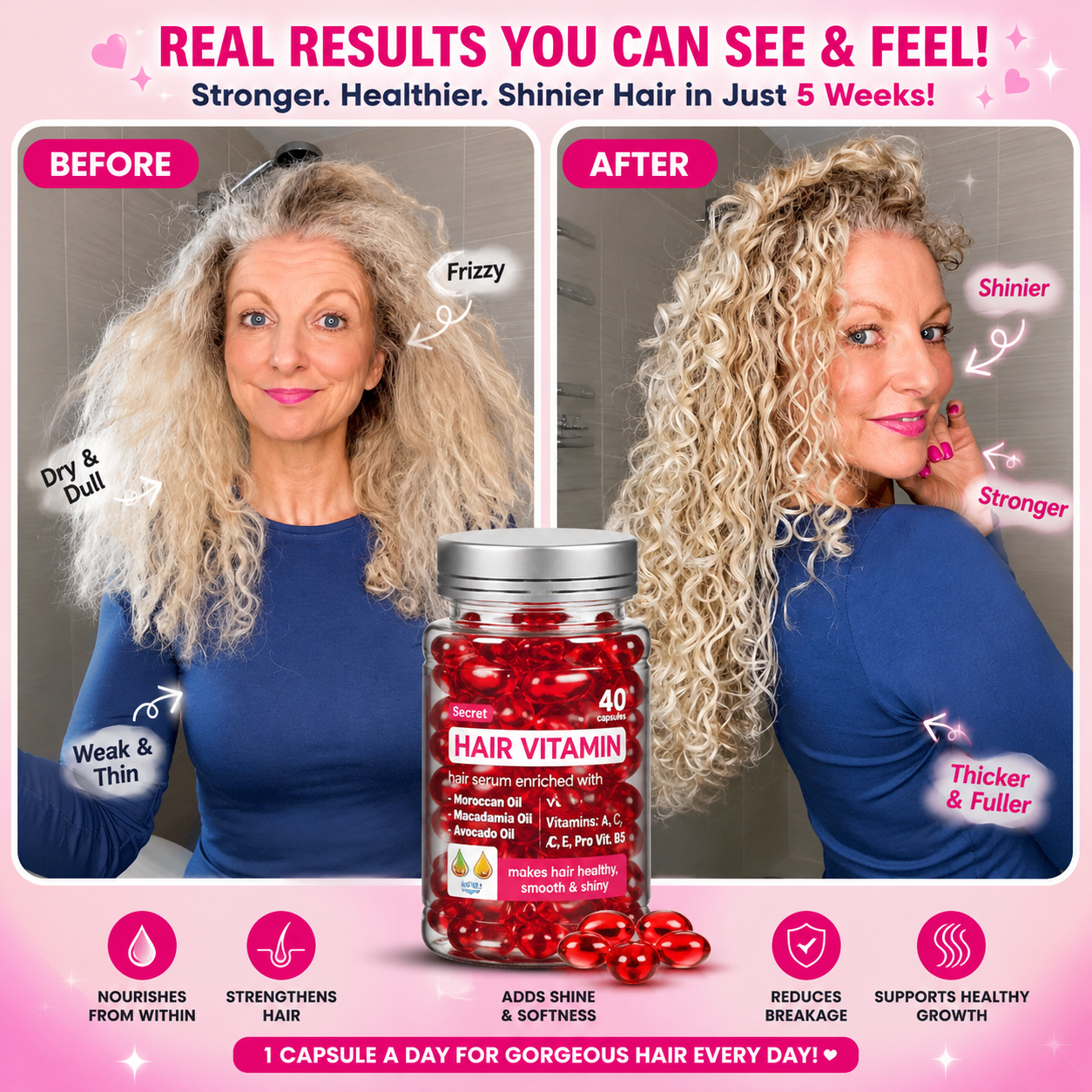 Before and after comparison of hair transformation with a bottle of hair vitamins on a pink background.