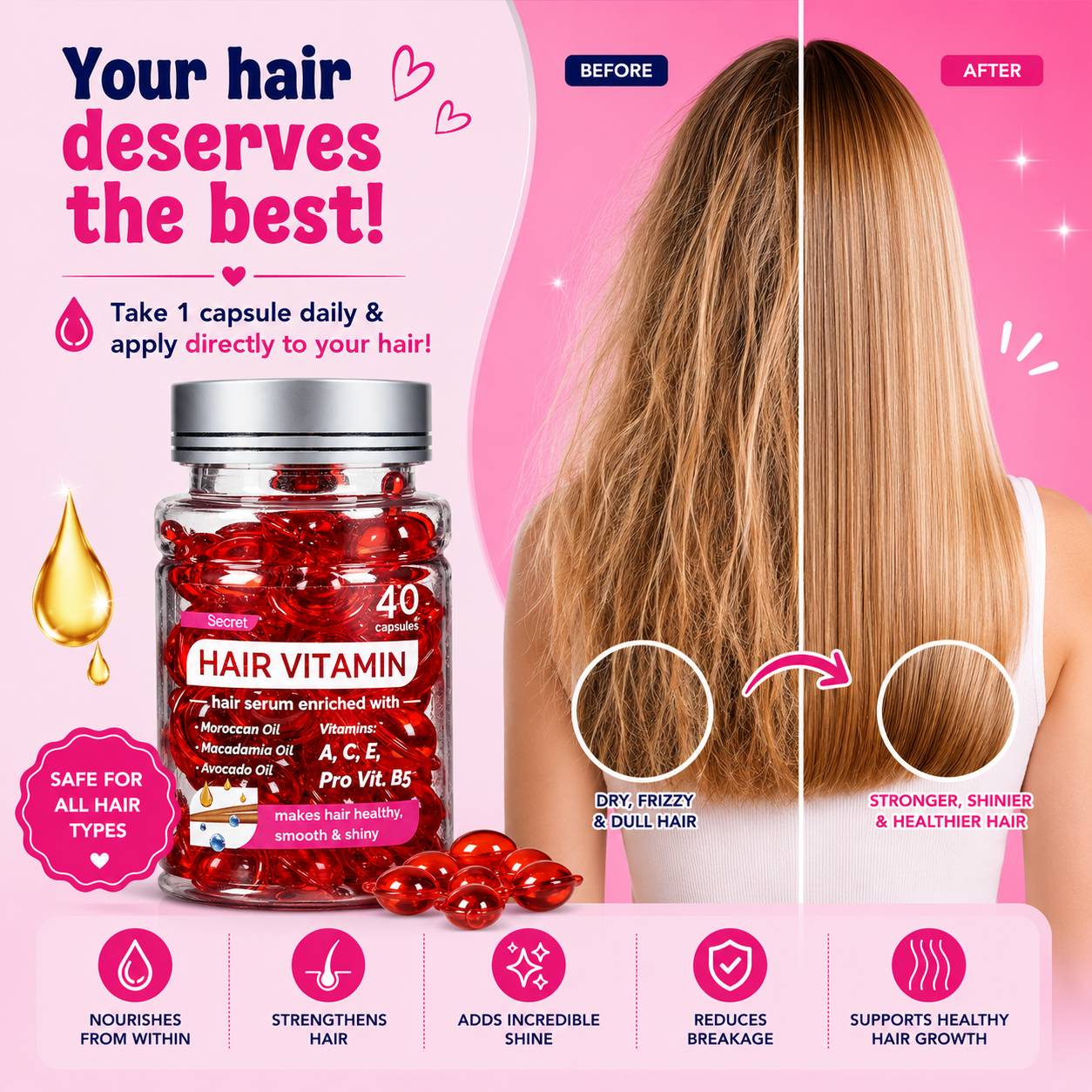Hair vitamin supplement with before and after hair comparison on a pink background