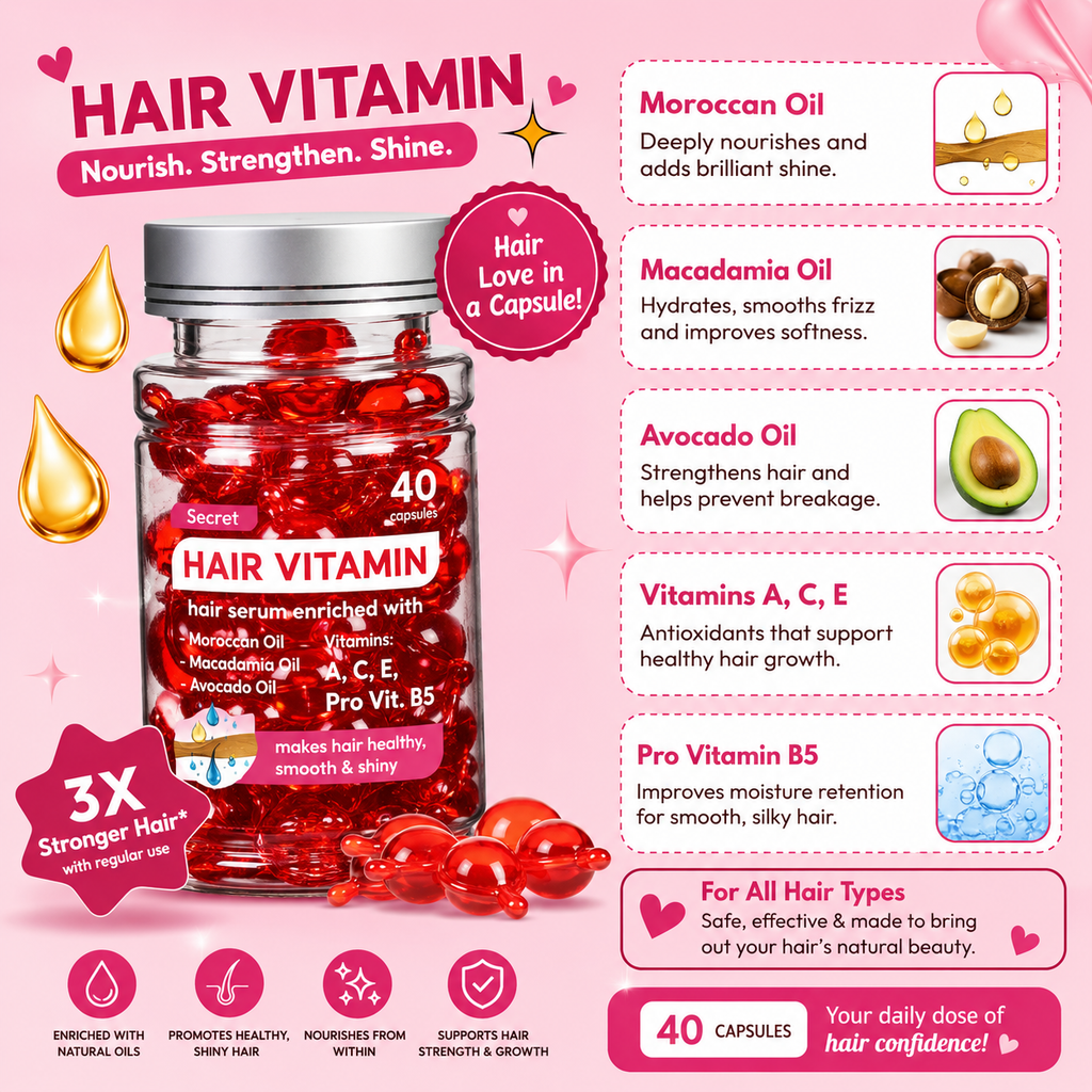 Hair vitamin supplement with ingredients and benefits on a pink background