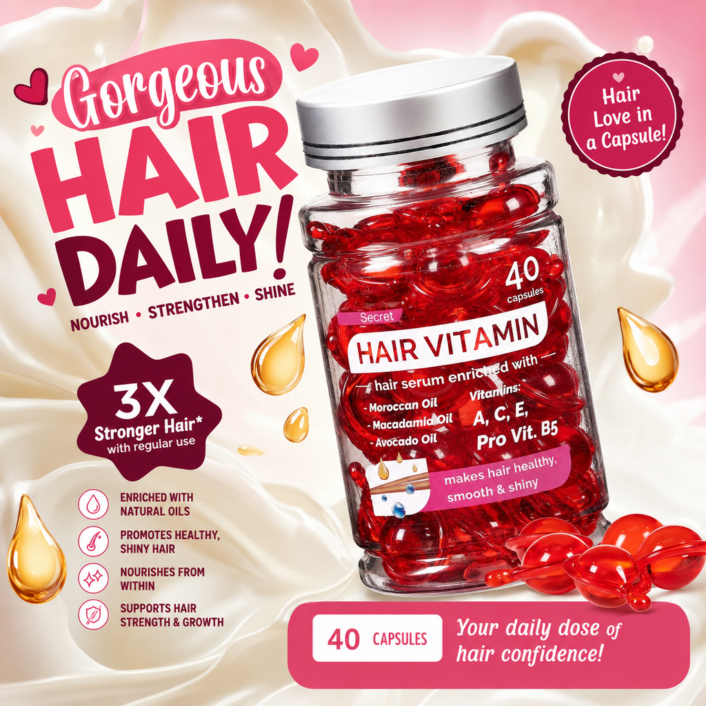Hair vitamin supplement with red capsules on a pink background, labeled 'Gorgeous Hair Daily'.
