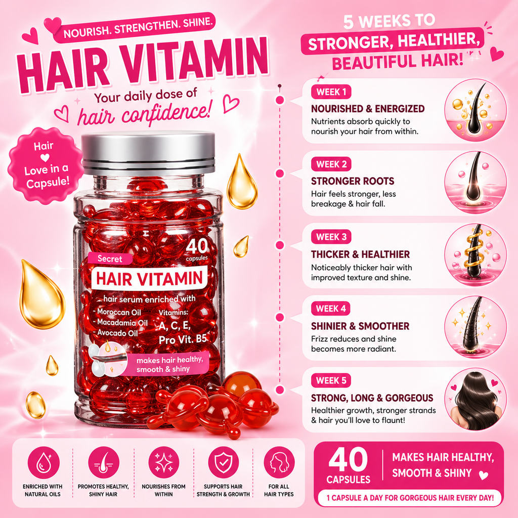 Hair vitamin supplement with product details and benefits on a pink background